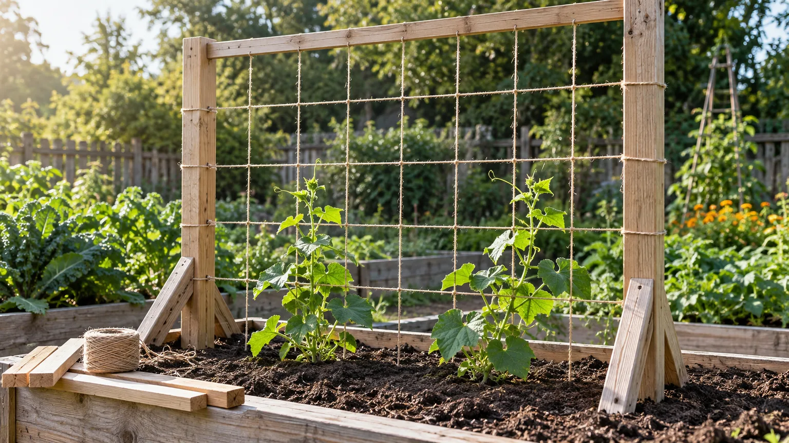 Freestanding wood cucumber trellis with a taut twine grid, diagonal braces, young vines, and spare garden twine