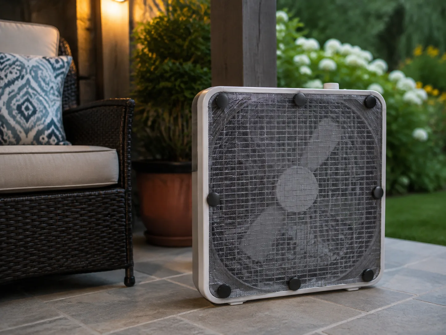 A box fan arranged on a patio as a moving-air barrier for outdoor mosquito control