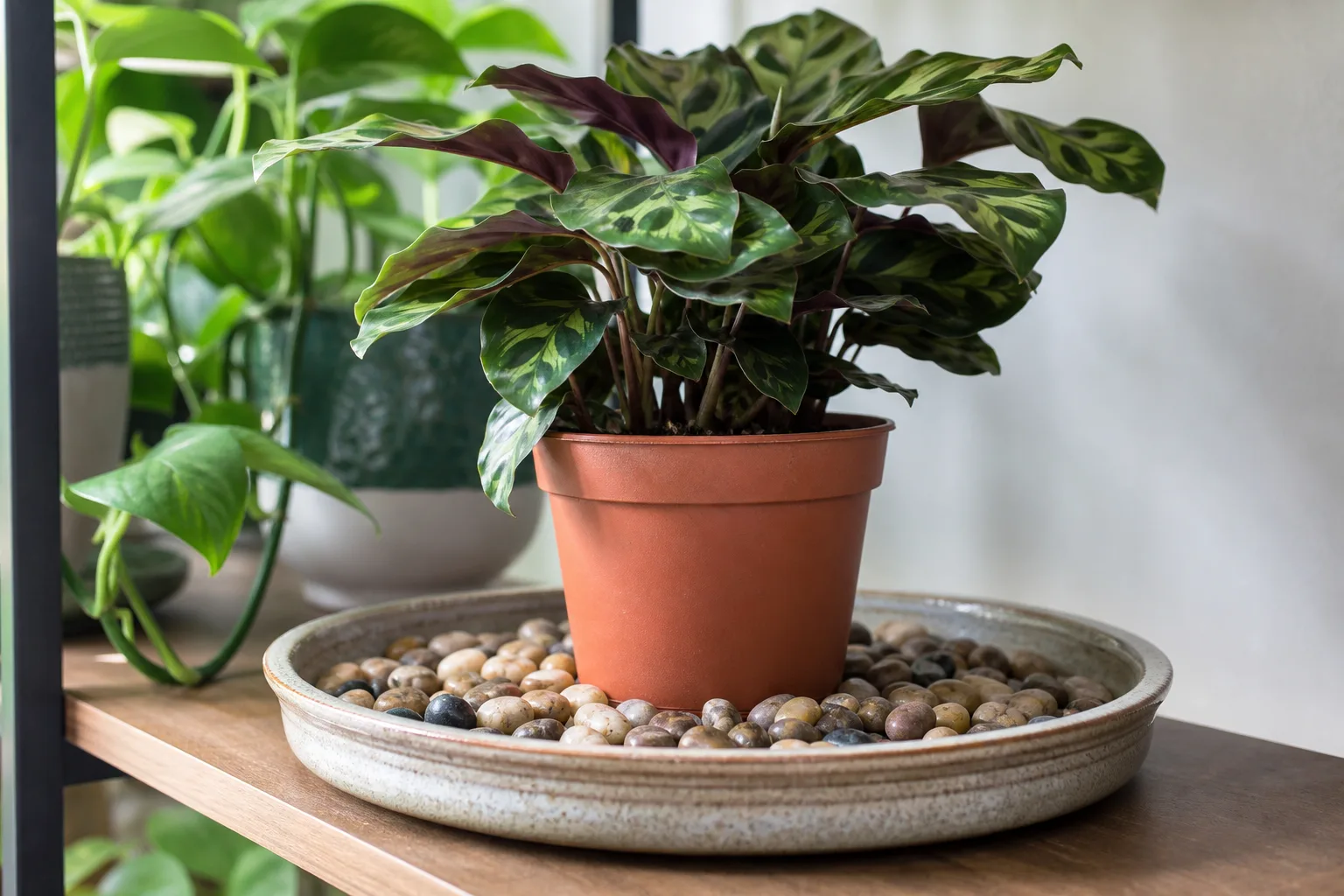 Potted houseplant on a level pebble layer in a wide humidity tray