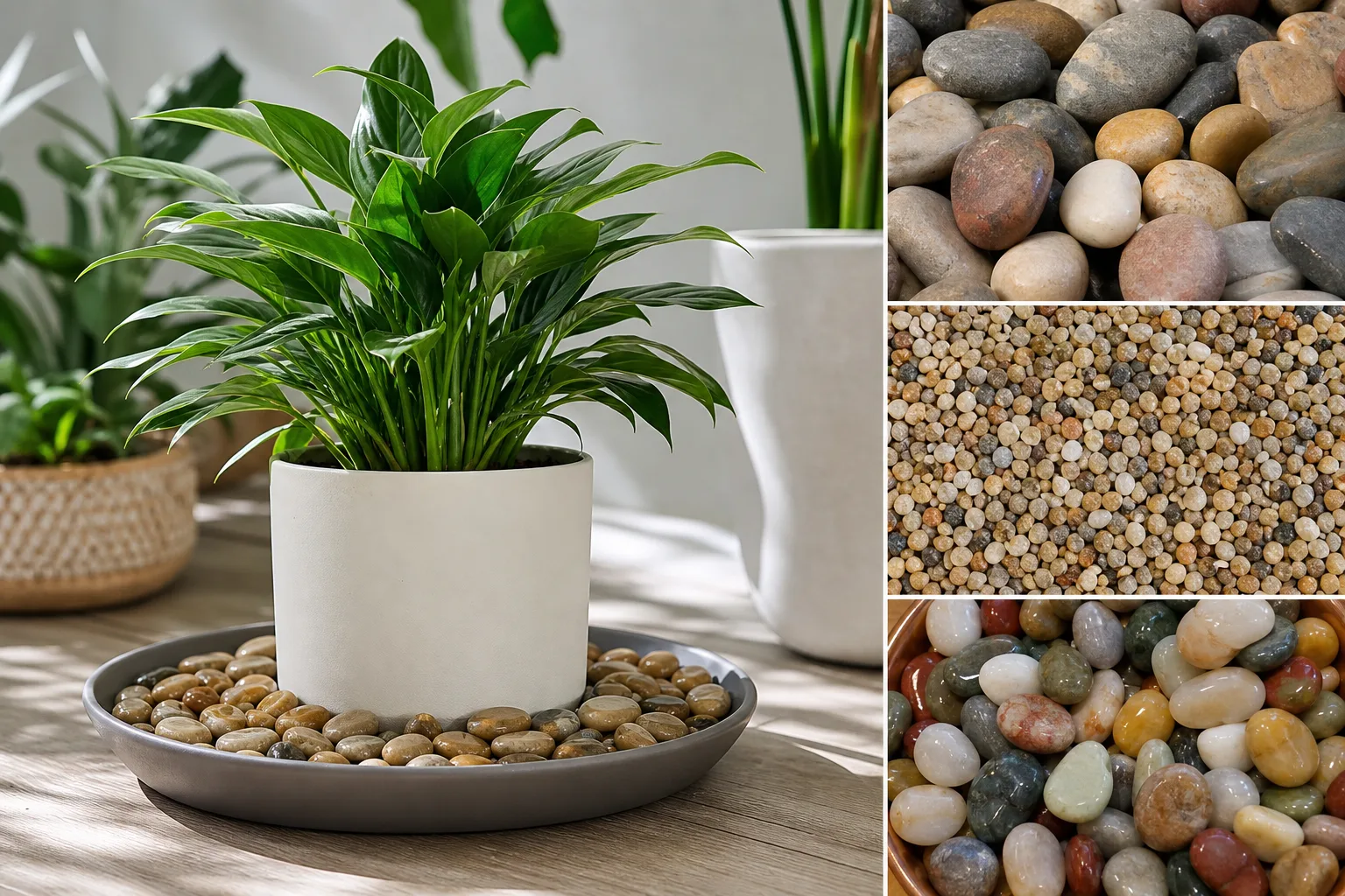 Tray, washed pebbles, and optional hygrometer laid out for a DIY houseplant humidity tray