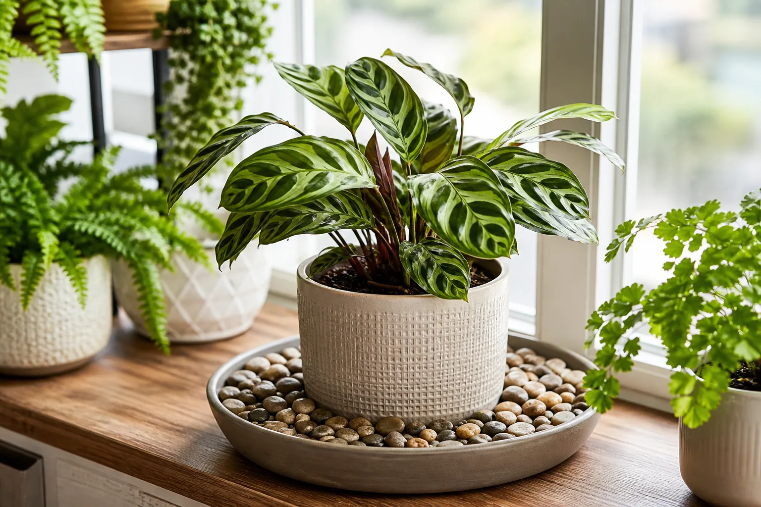 Assembled pebble tray with houseplant placed on a bright windowsill