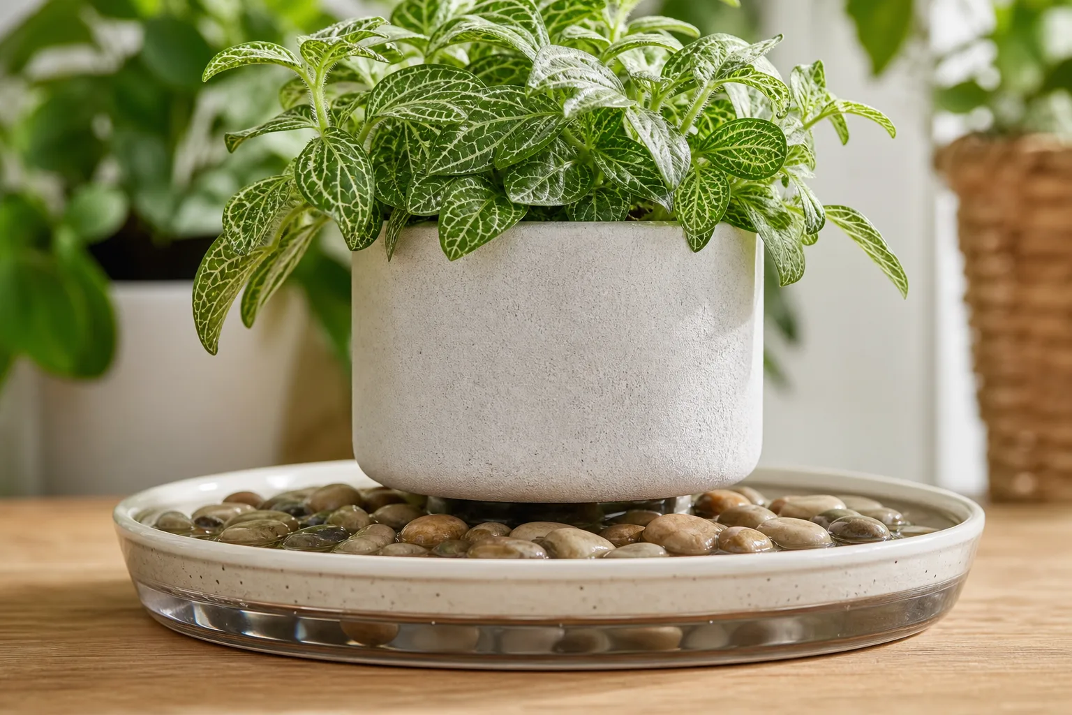 Houseplant on a pebble humidity tray with water below the stone tops