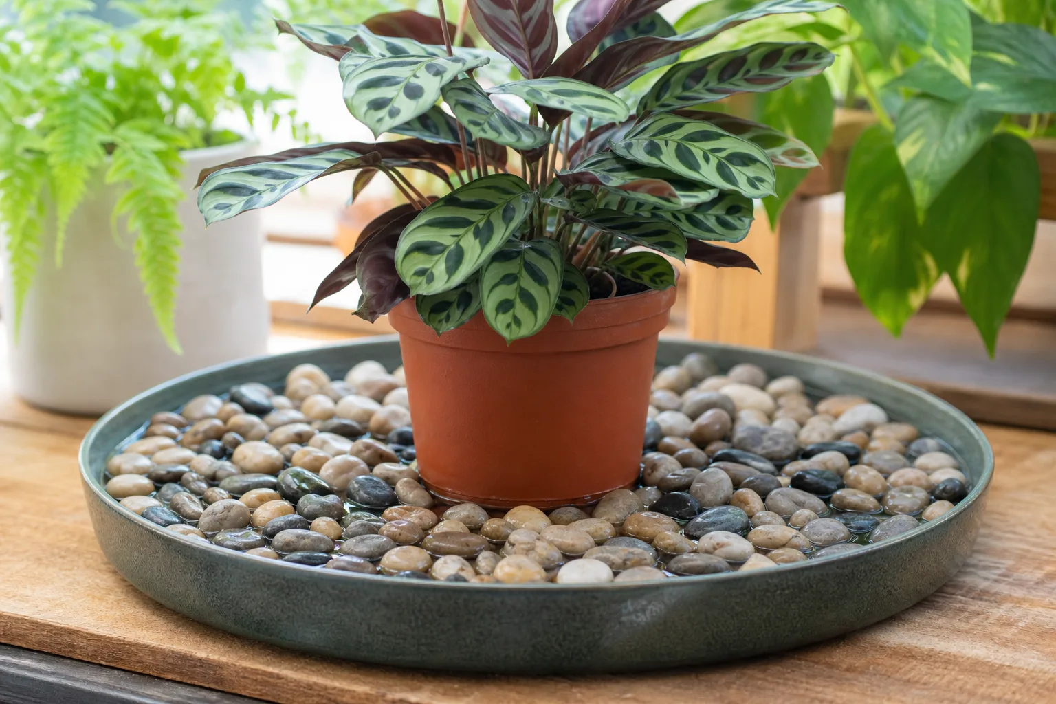 Even pebble layer under a potted houseplant in a humidity tray