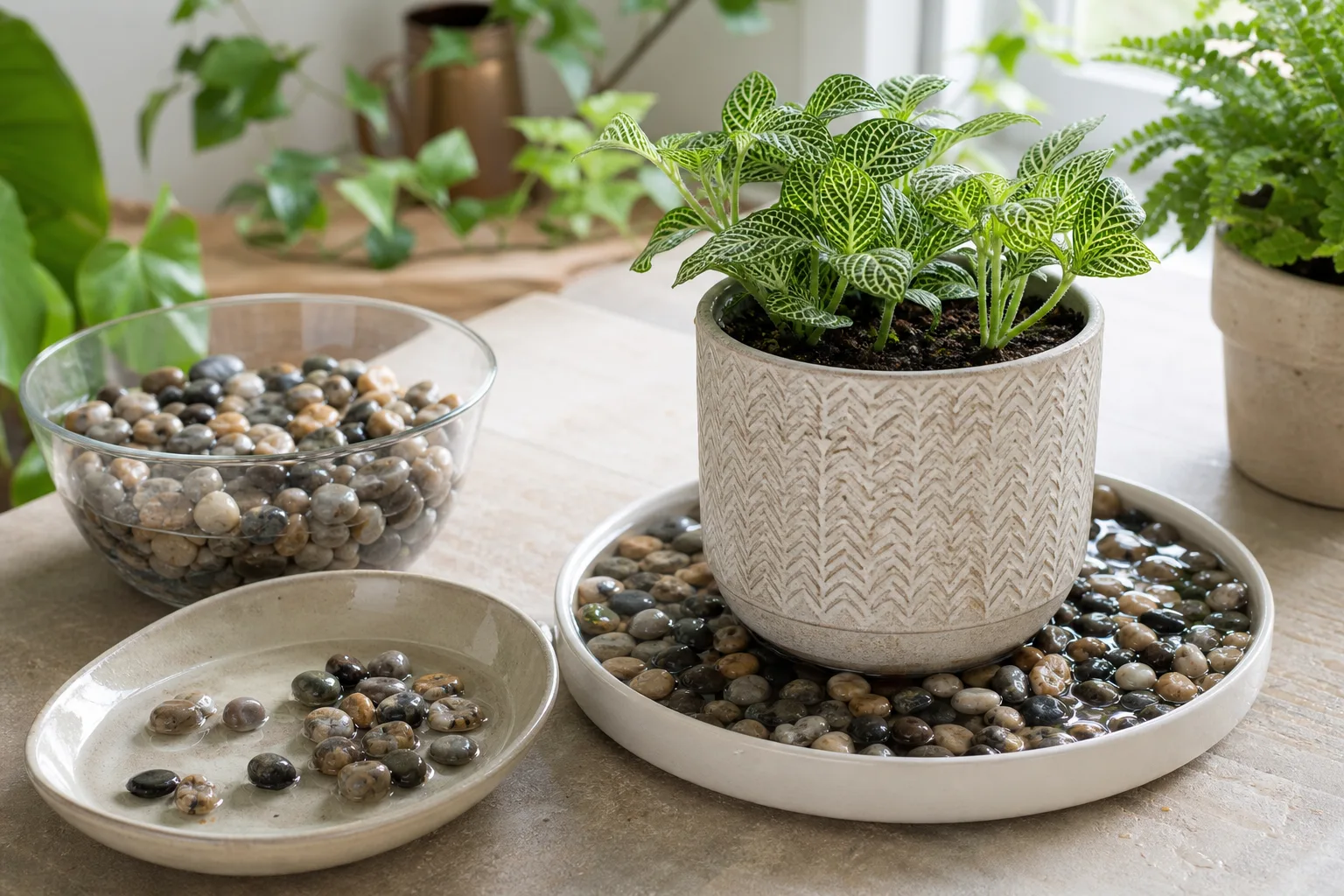 Clean tray and rinsed pebbles beside a houseplant humidity pebble tray