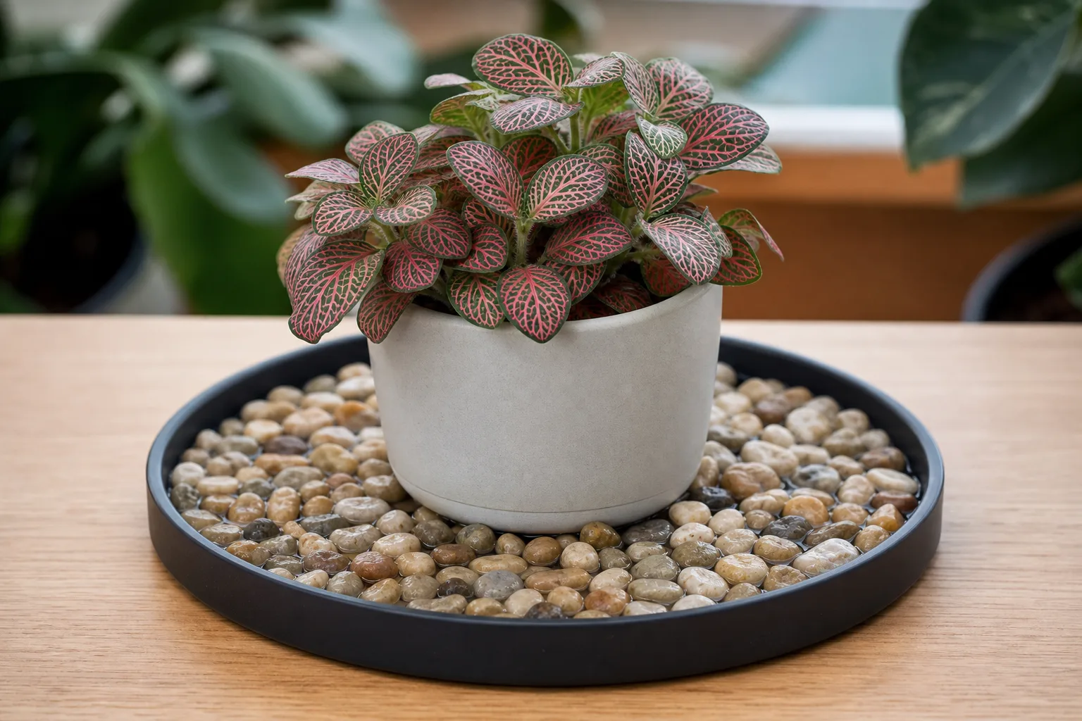 Fittonia on a 12-inch pebble tray with Govee hygrometer at leaf height reading 39% RH; 4-inch pot centered, water line ¼ inch below pebble tops, tray rim extends 4 inches beyond pot on each side