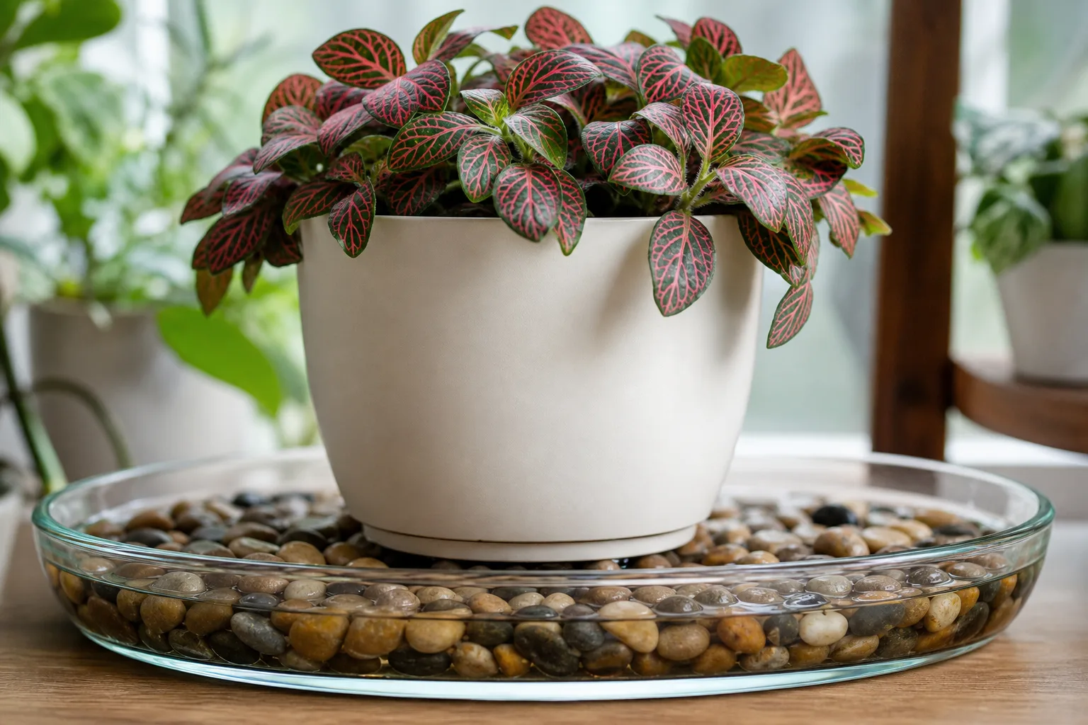 Houseplant pot seated on pebbles with clear gap above tray water