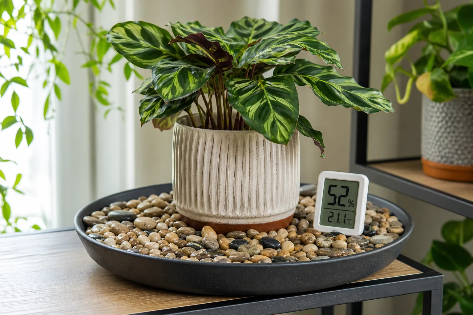 Finished humidity pebble tray with hygrometer near lower leaves