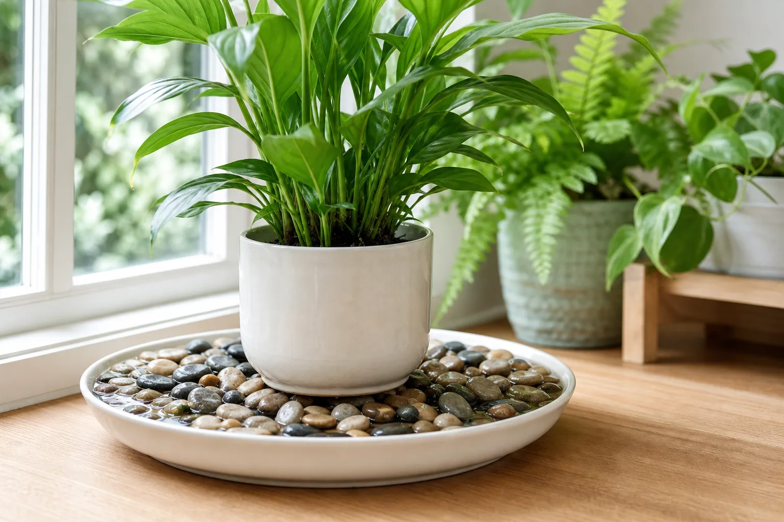 Side view of water below pebble tops with pot above the waterline