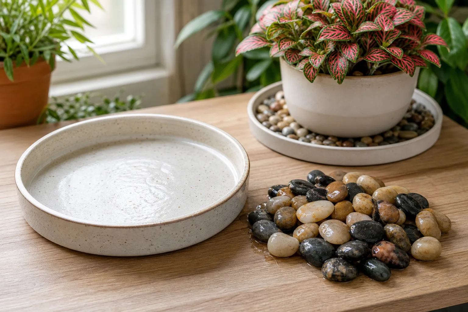 Clean tray and rinsed pebbles beside a houseplant humidity pebble tray