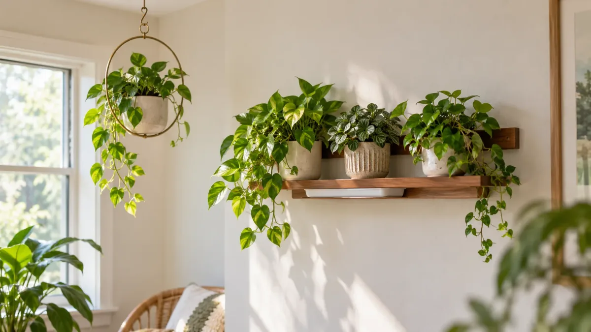 A wood wall rail with removable cachepots and a hanging houseplant in a bright indoor corner