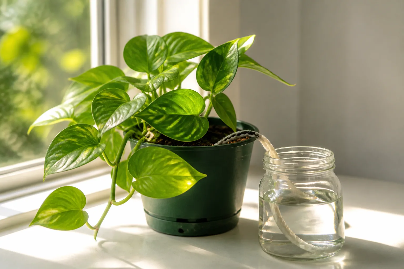 DIY self-watering wick system with jar reservoir beside an indoor plant