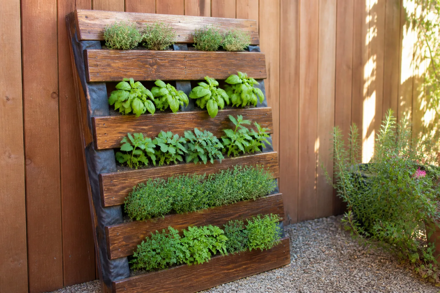 Vertical pallet herb garden leaning against a cedar fence with basil and thyme