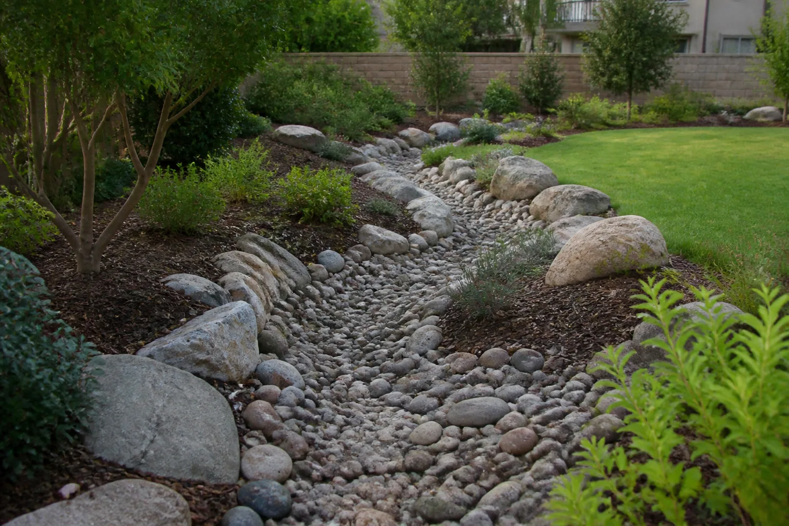 Curved dry creek bed of river stones and boulders winding through a residential garden bed