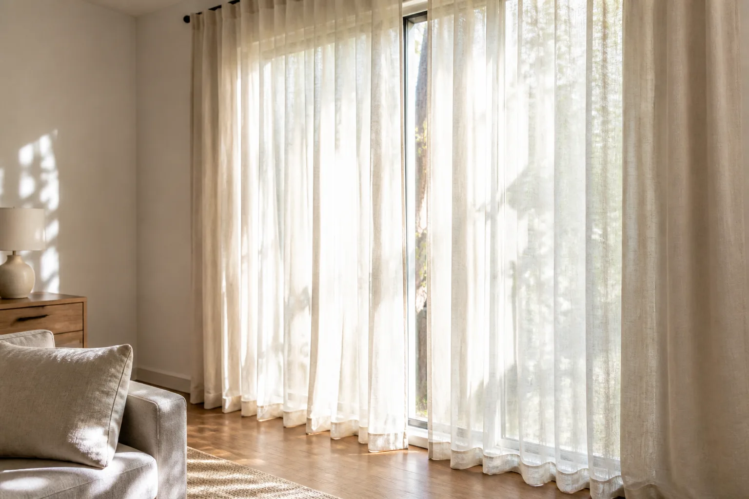 Floor-length linen curtains on a bright living room window with soft daylight through the folds