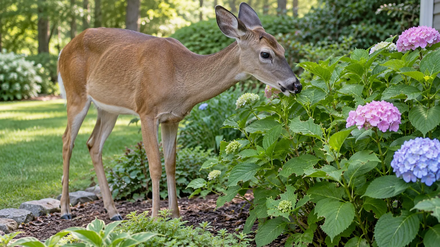 A deer browsing flowering shrubs in an ornamental garden