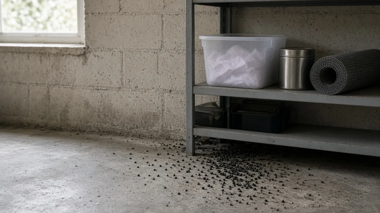 Steel wool and caulk sealing a mouse entry gap beneath a kitchen sink