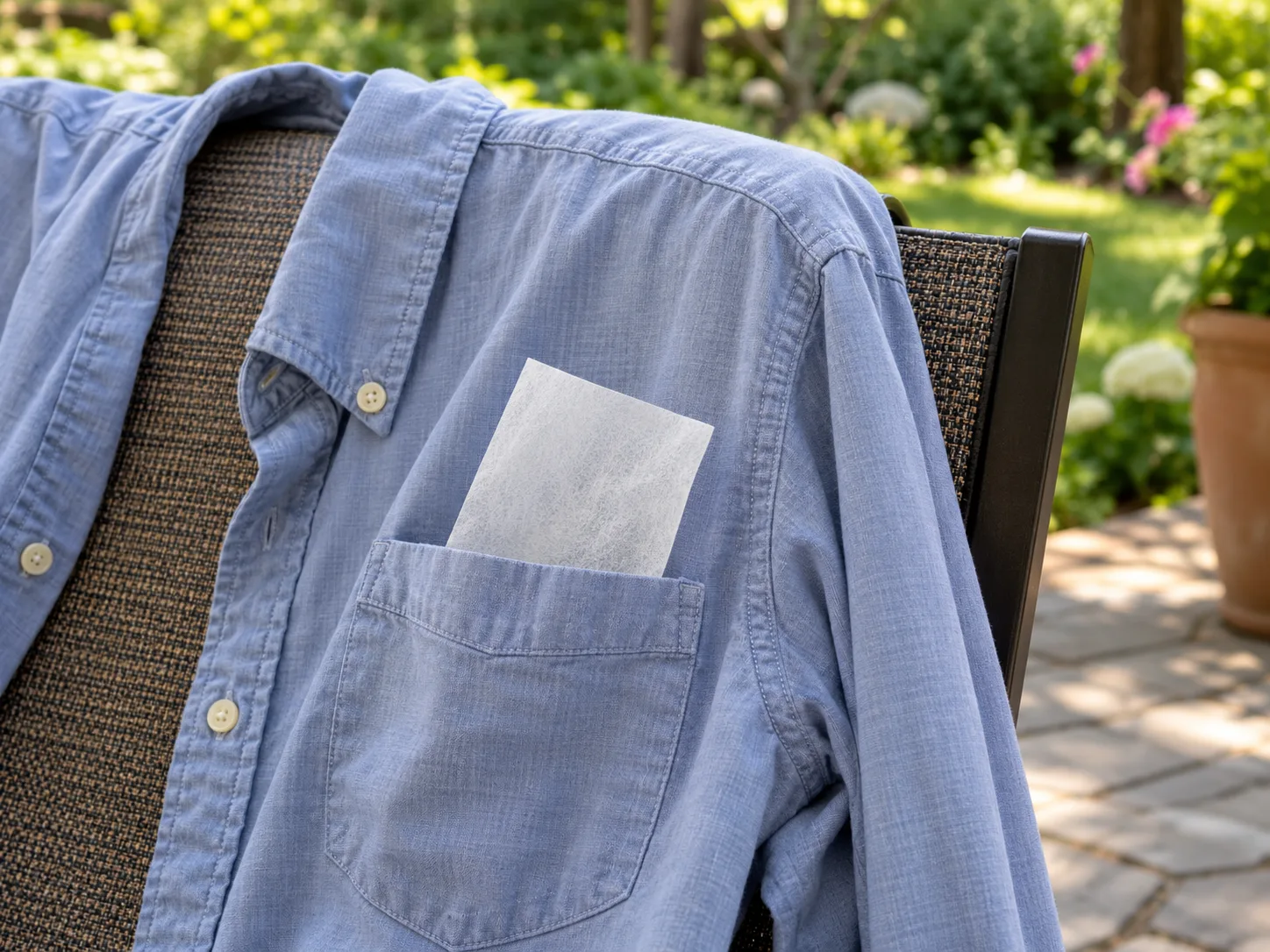 A dry dryer sheet tucked into a shirt pocket outdoors, a popular but unproven mosquito tip