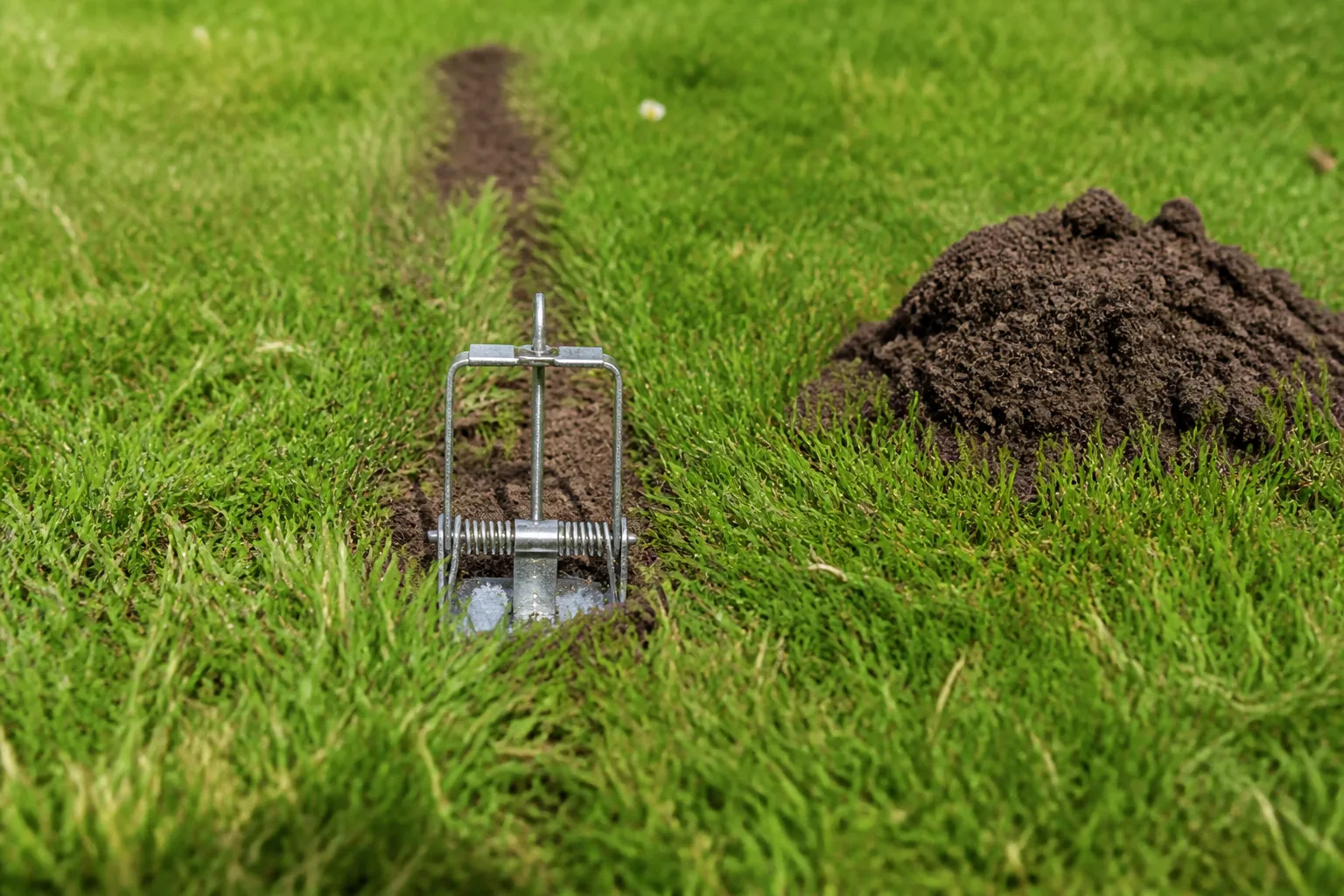 Harpoon mole trap set over an active surface tunnel in lawn turf