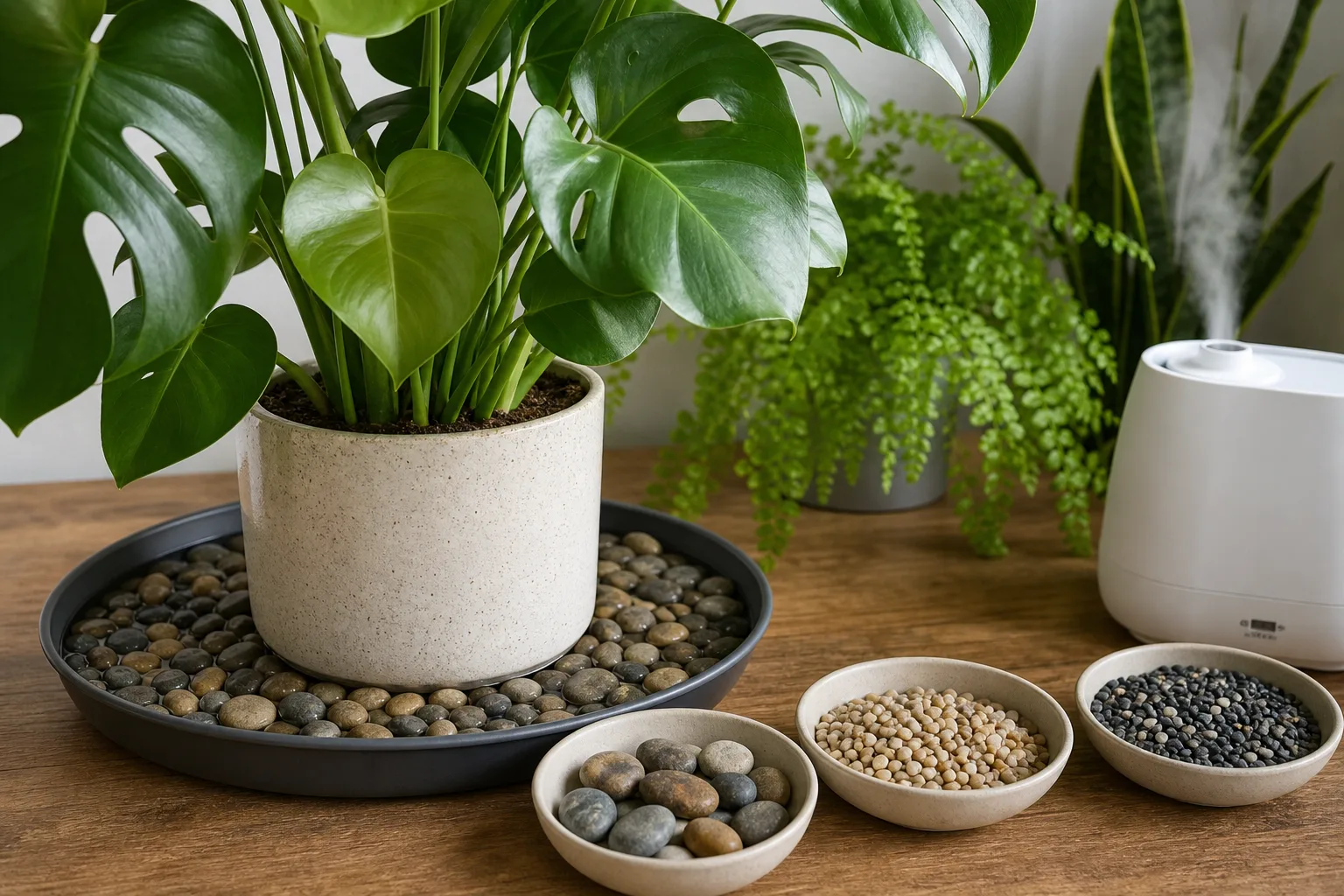 Pebble tray, humidifier, and misting comparison for indoor humidity