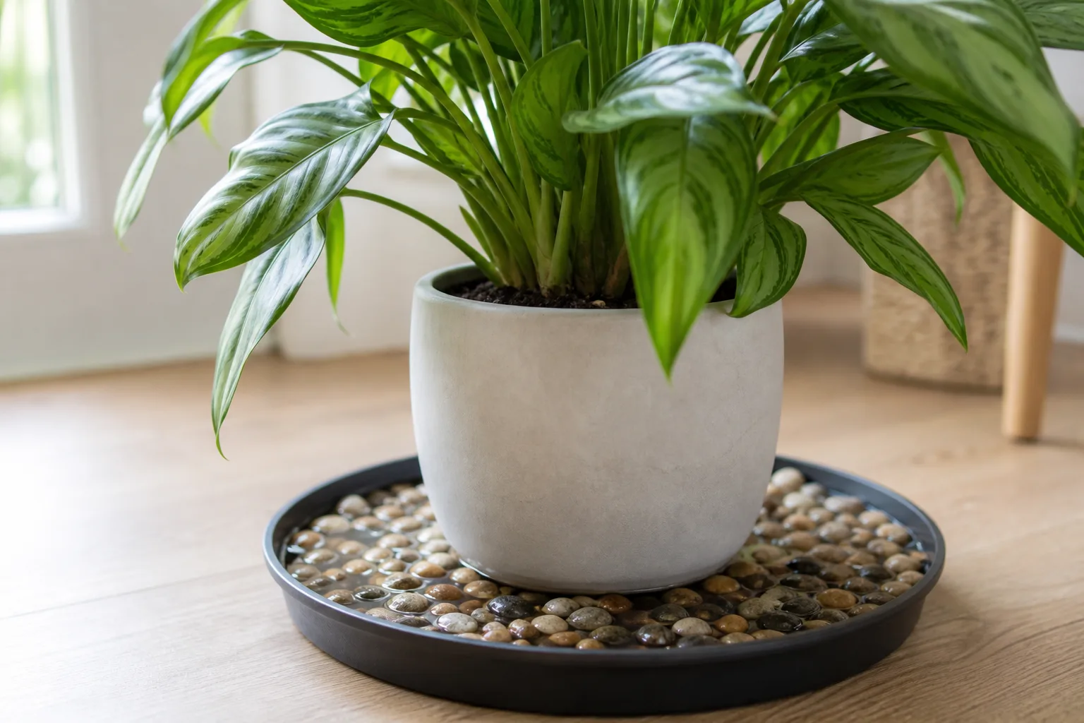 Digital hygrometer displaying relative humidity beside tropical houseplant foliage