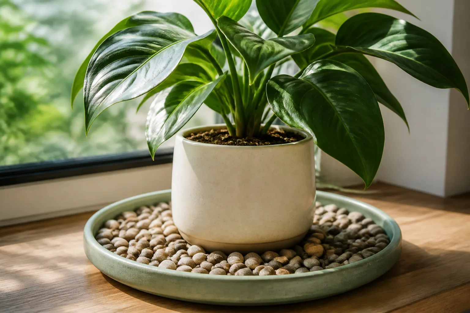 Digital hygrometer beside a fittonia on a wide pebble tray during a winter editorial humidity test
