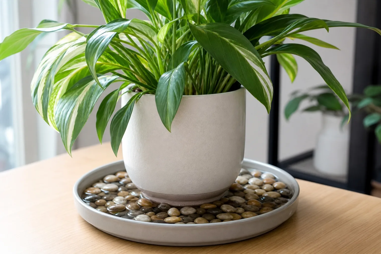 Grouped humidity-sensitive houseplants on a shared wide pebble tray