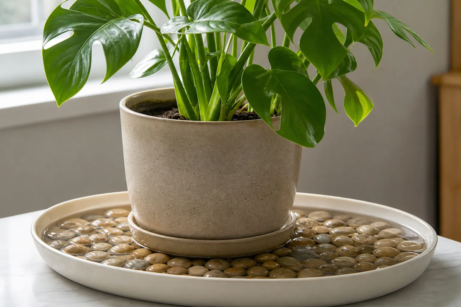 Tall floor plant with narrow saucer illustrating poor tray-to-canopy geometry for humidity