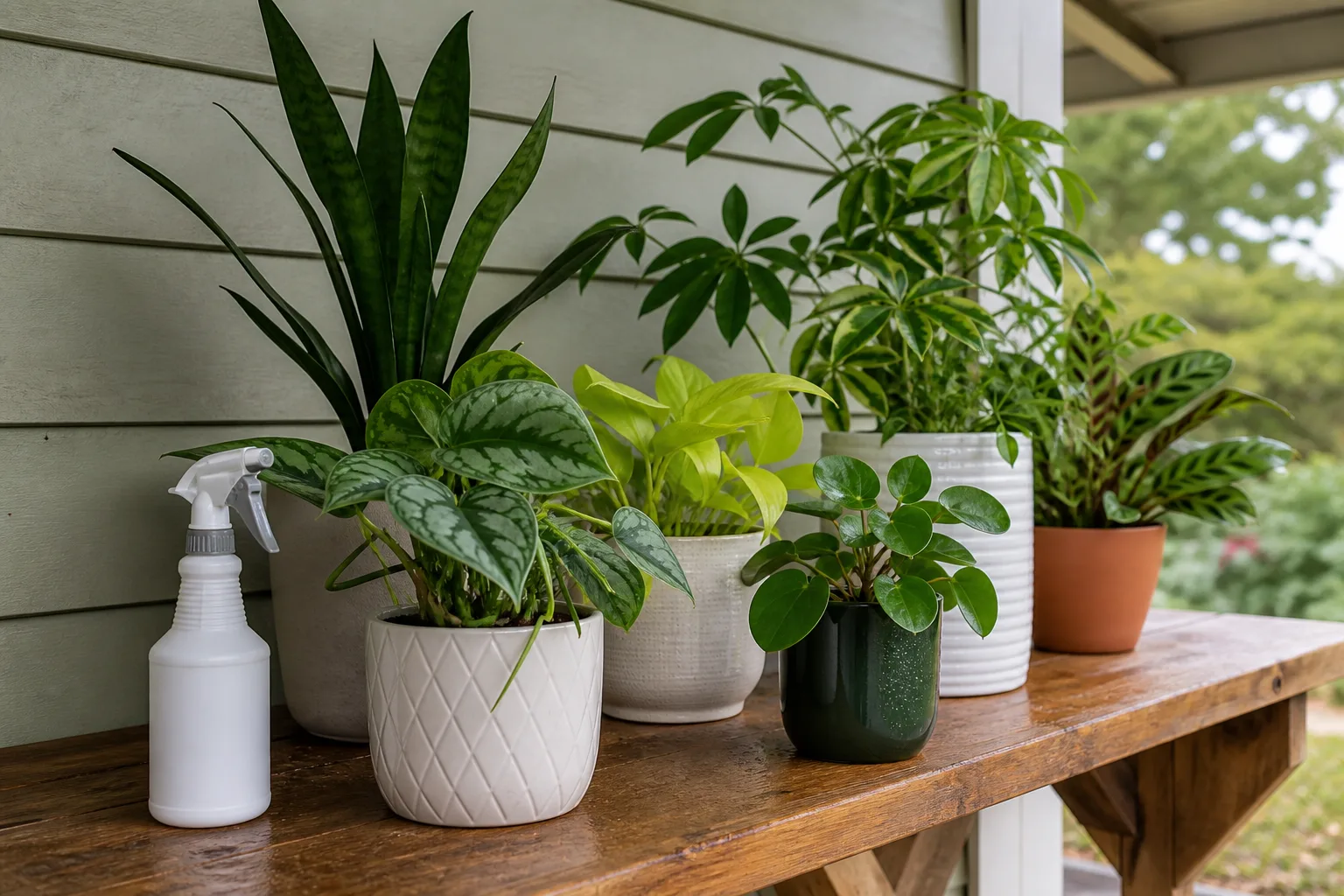 Potted flowering plants transitioning from sheltered winter protection to an outdoor porch