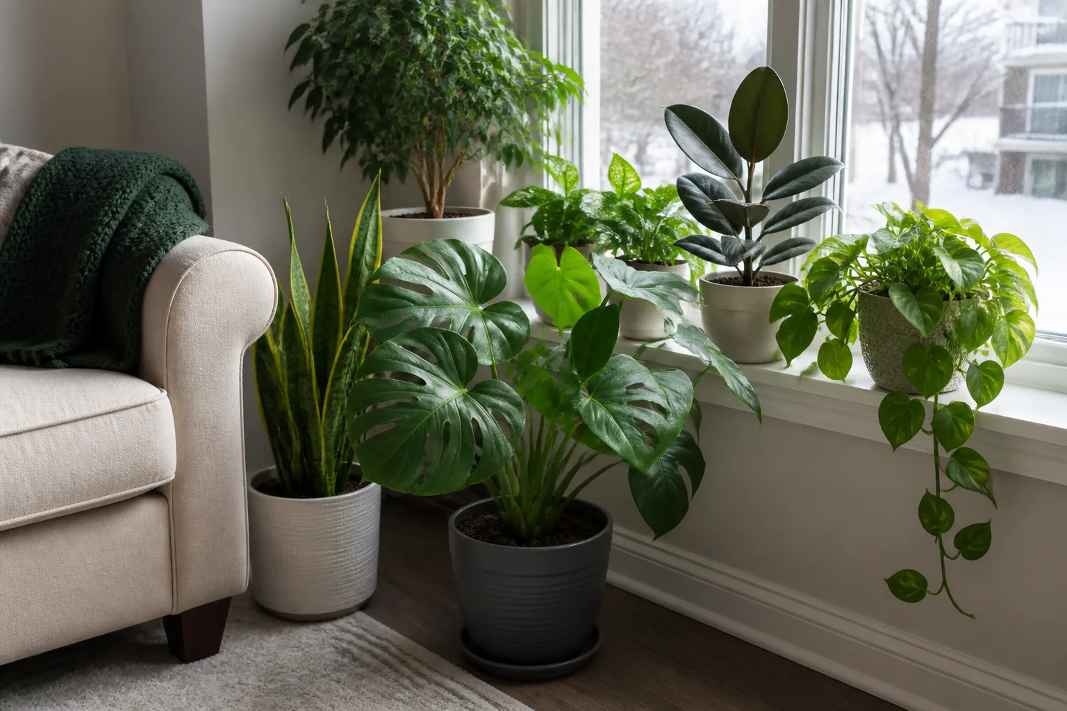 Potted plants moved into a bright sheltered spot for winter care