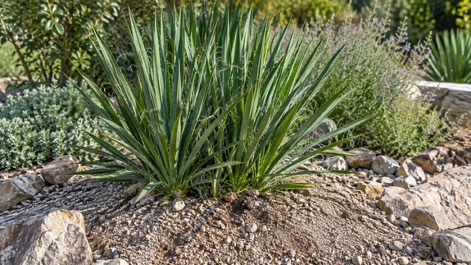 Yucca filamentosa growing in loose, raised, gravelly outdoor soil