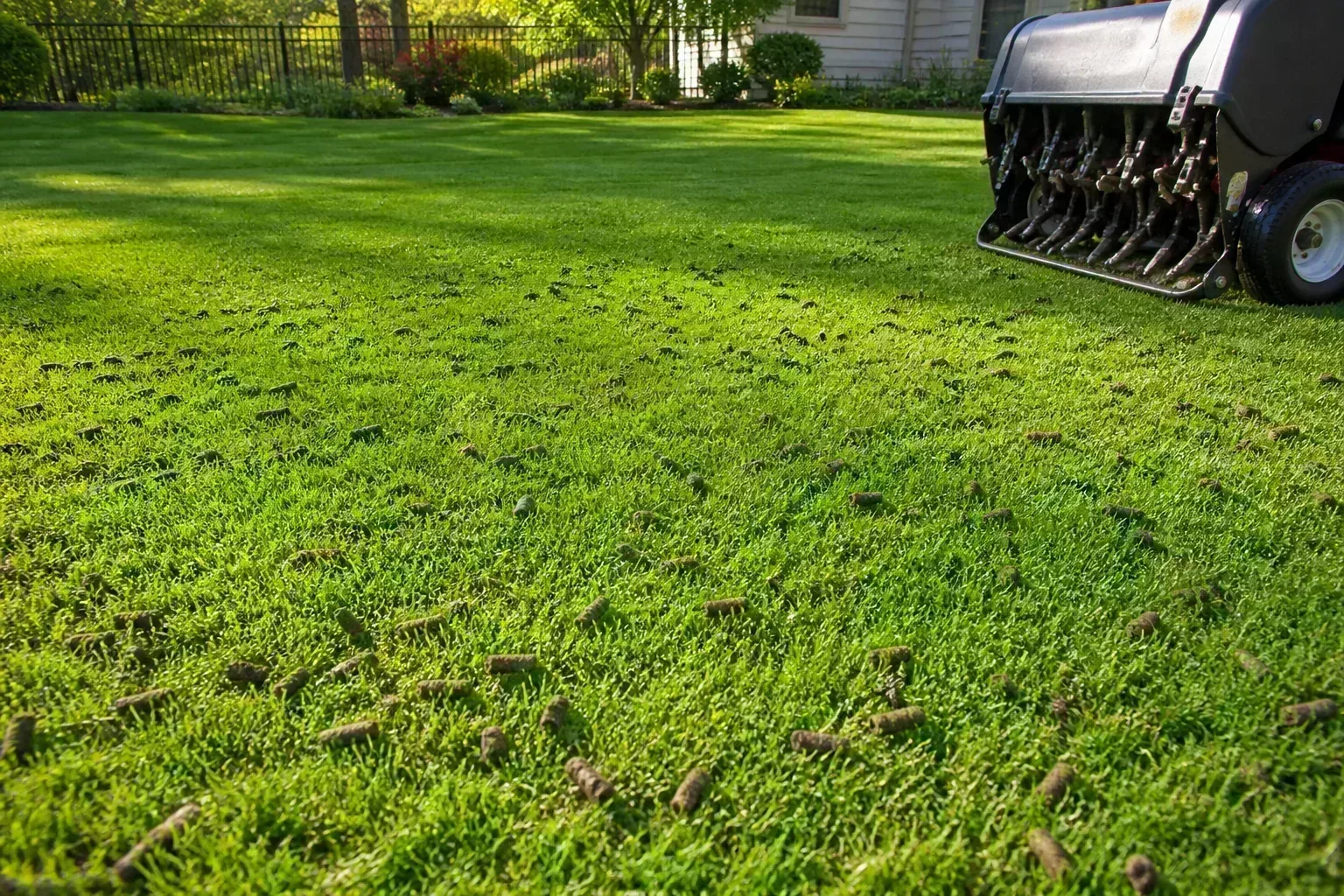 Lush green lawn with soil cores scattered across the grass after core aeration