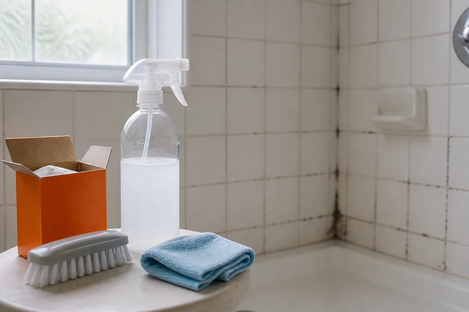 Baking soda box, spray bottle, and scrub brush beside white shower tile with light grout staining