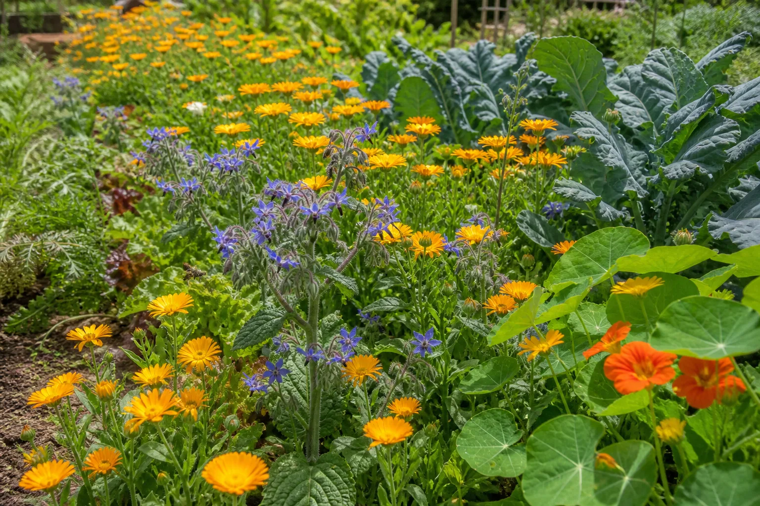 Dense French marigold cover crop in a vegetable bed before tomatoes are planted the following season