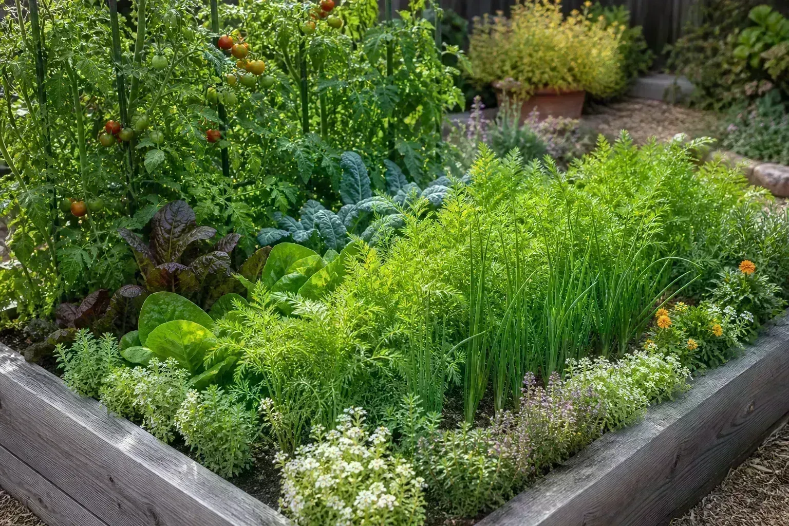 Raised bed with mixed vegetables, herbs, and flowering companions along the edge