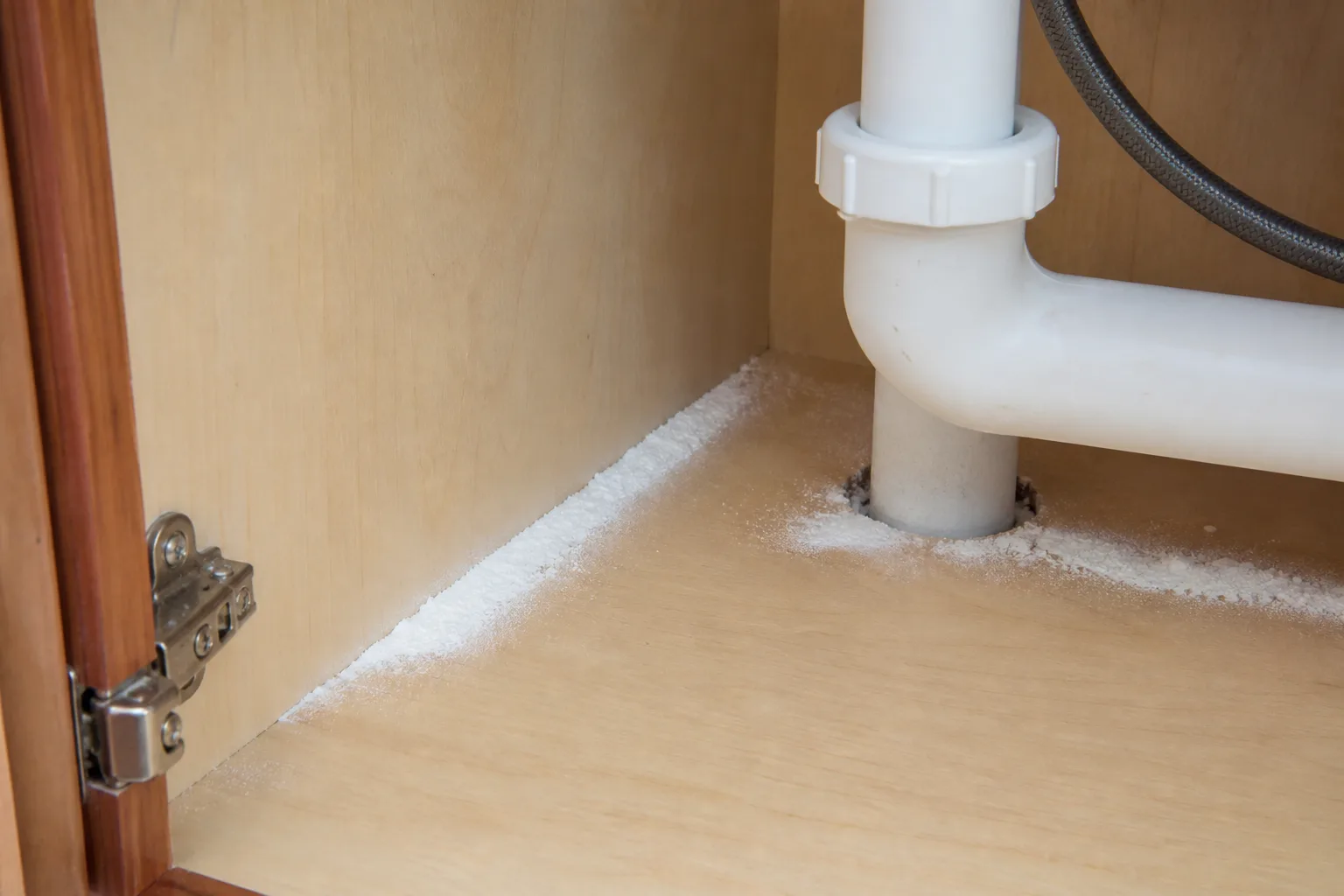 Diatomaceous earth applied in a dry cabinet void around plumbing