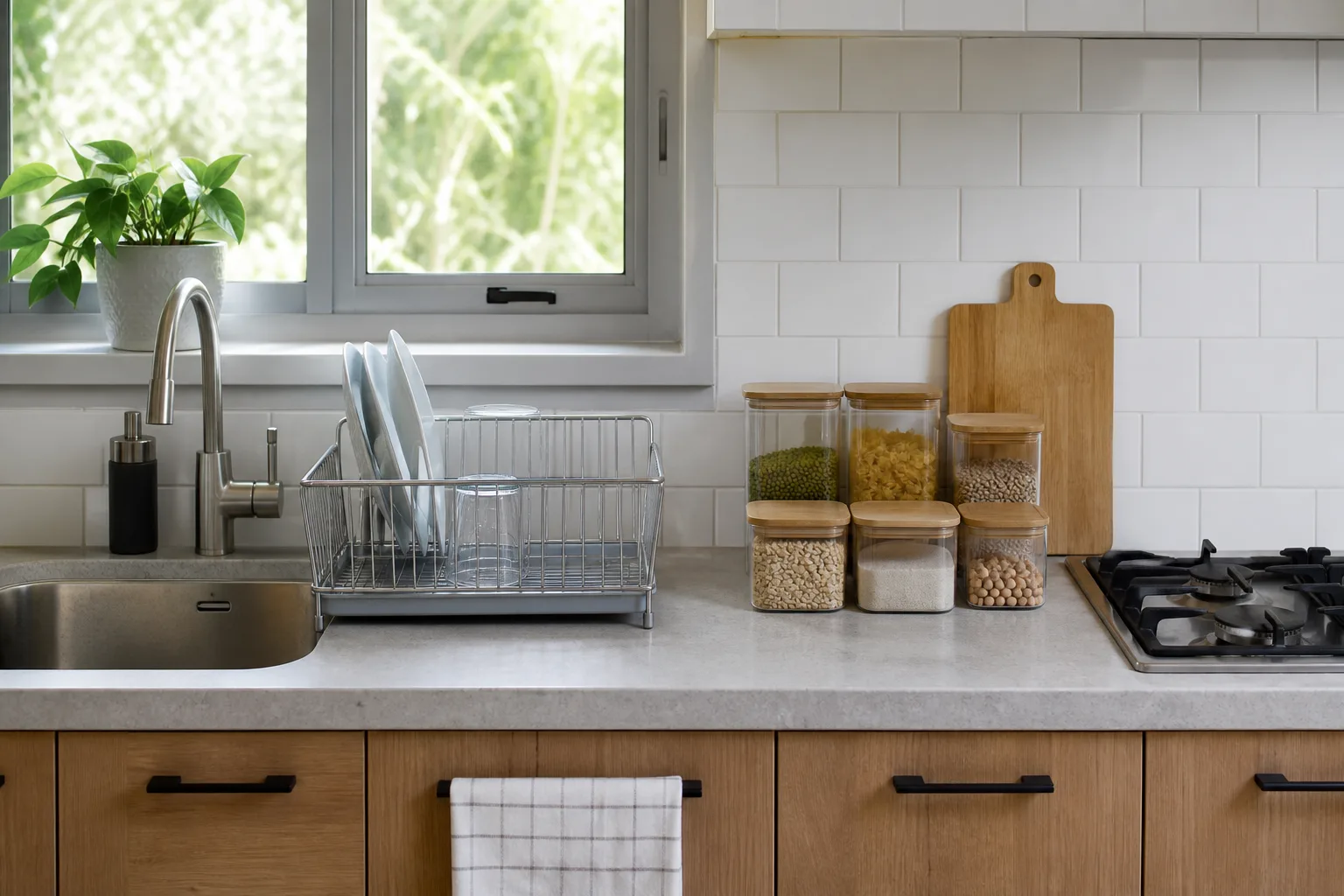 Clean kitchen with sealed food containers and a dry sink area for roach prevention