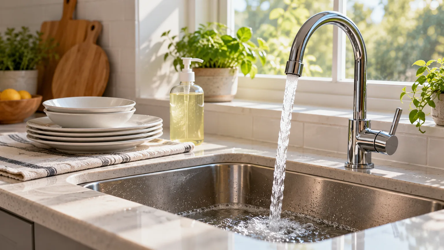 Running tap water beside clean dishes in a home kitchen