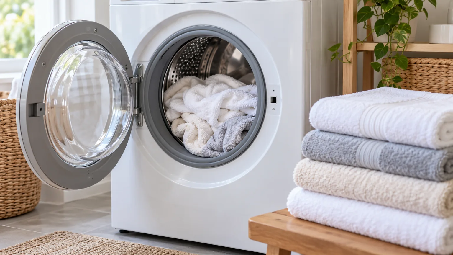 A household washing machine with towels, illustrating label-guided laundry care