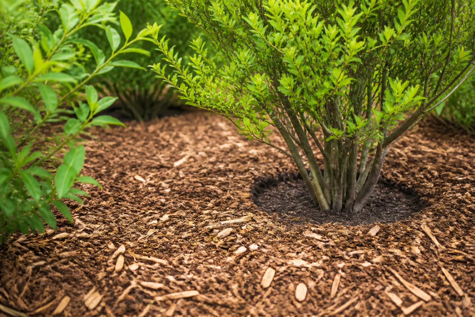 Thick organic mulch spread around ornamental shrubs to block weed seedlings