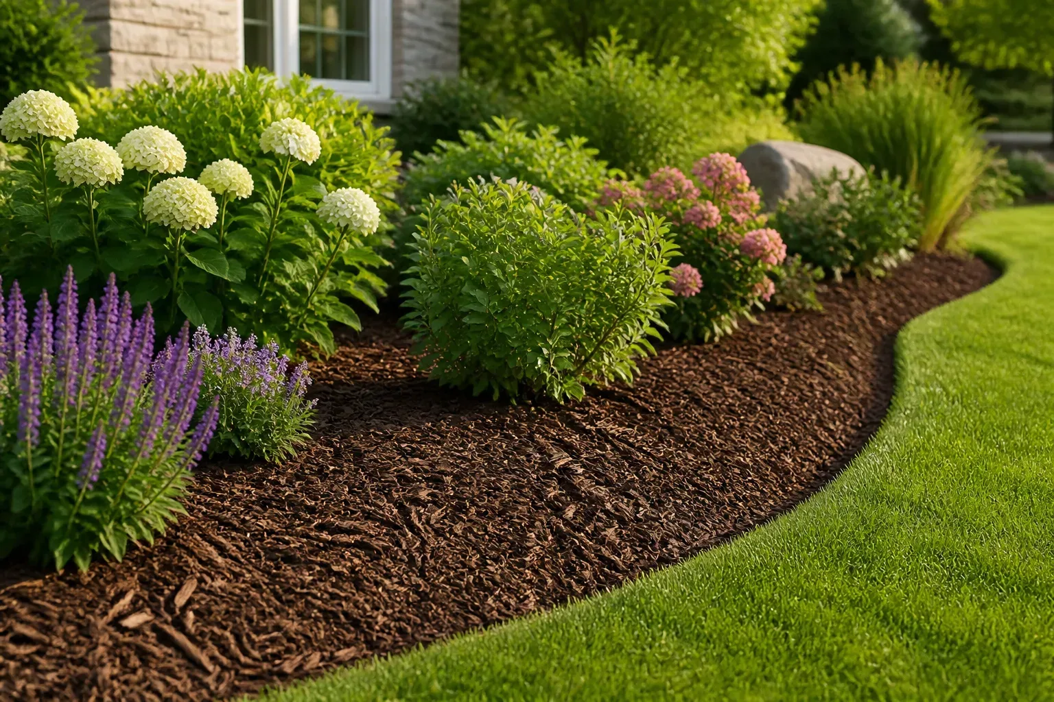 Mulched ornamental bed where a weed barrier could sit beneath the surface layer