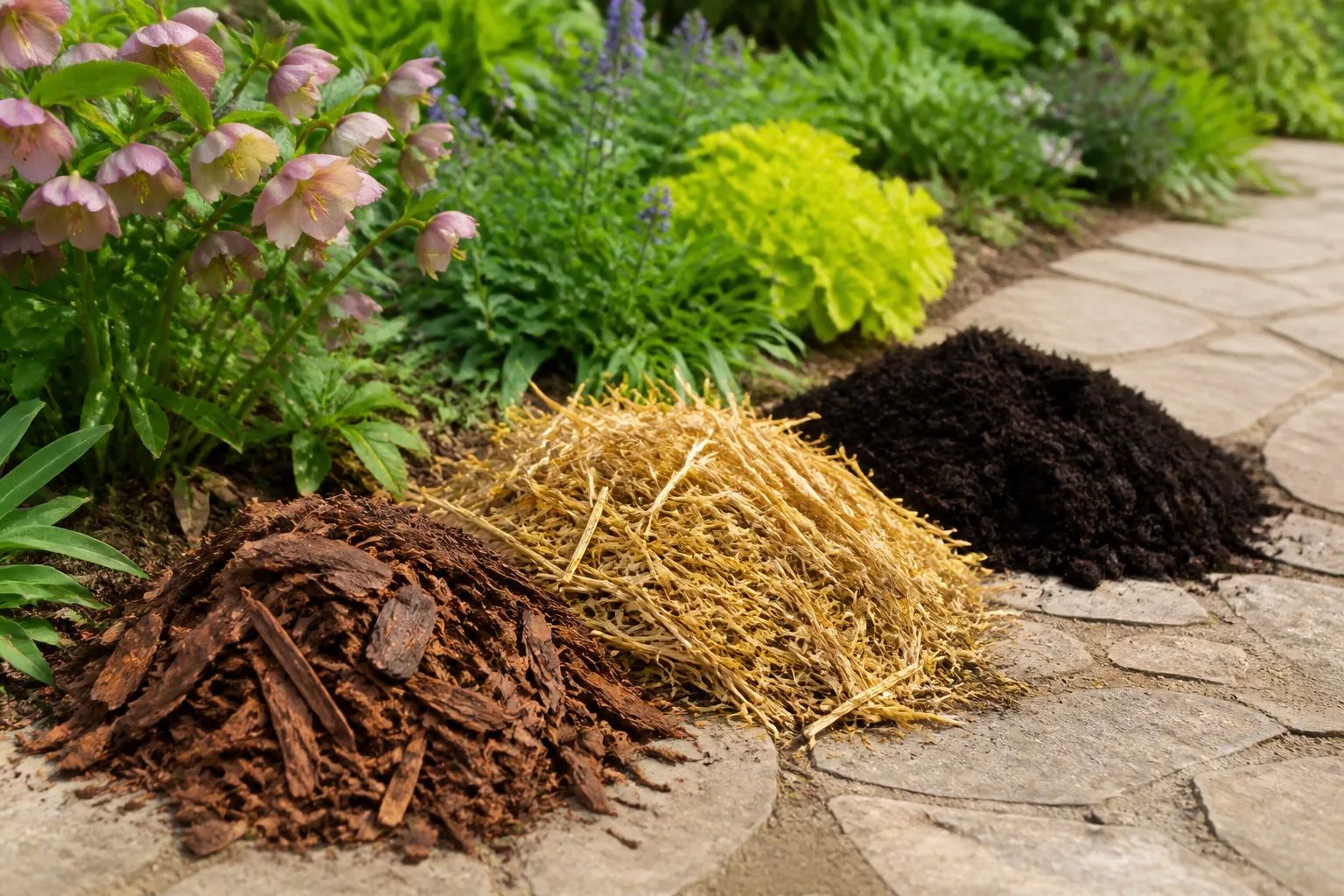 Piles of shredded bark mulch, golden straw, and dark compost beside a perennial garden border