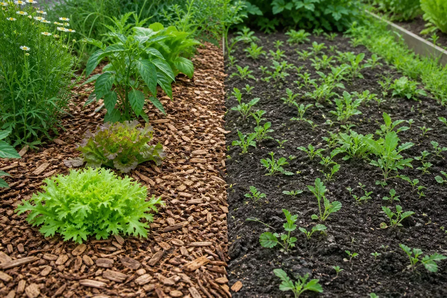 Mulched garden row beside an uncovered weedy soil row