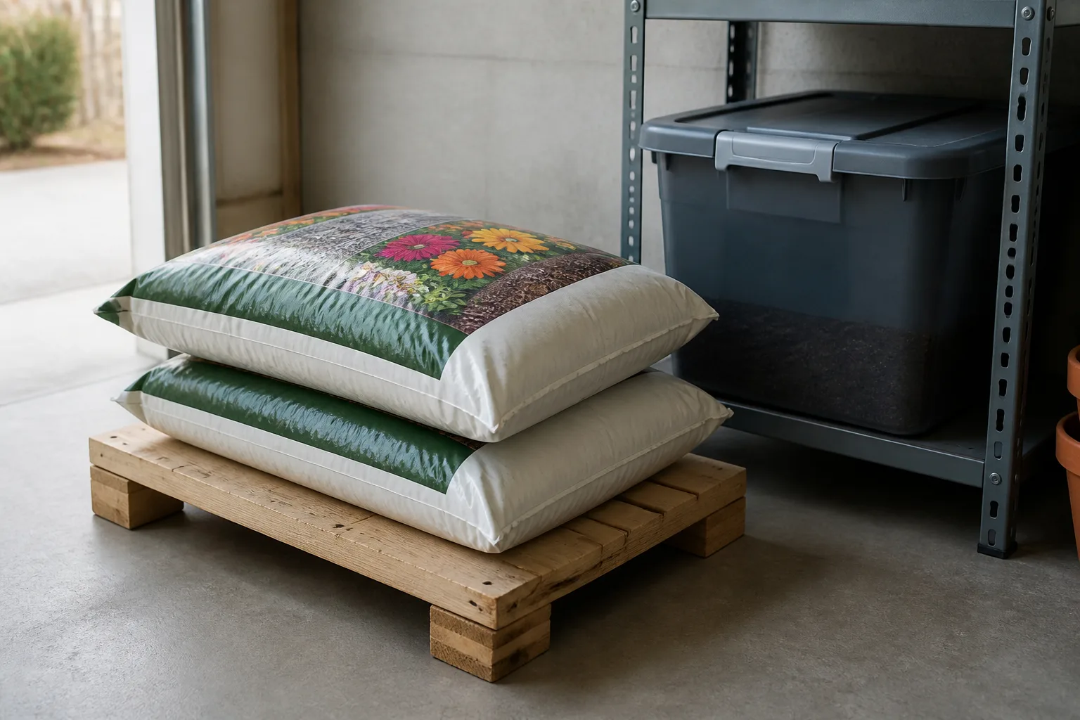 Sealed storage bins and garden supplies set on open shelving in a garage, leaving the floor and wall edges visible