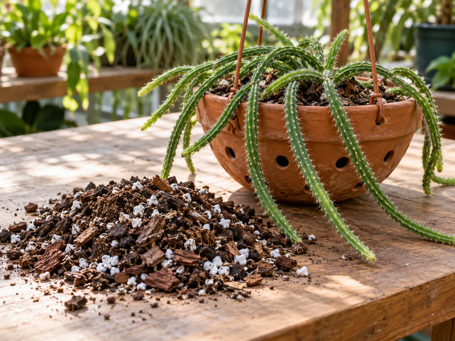 Dog tail cactus trailing from a drained hanging basket beside an airy bark-and-perlite potting mix.