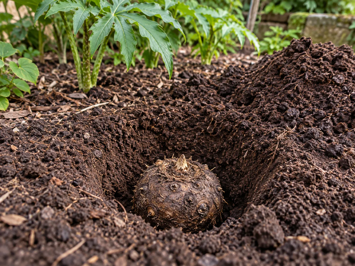 A dragon lily tuber positioned upright in a prepared, well-drained garden planting hole