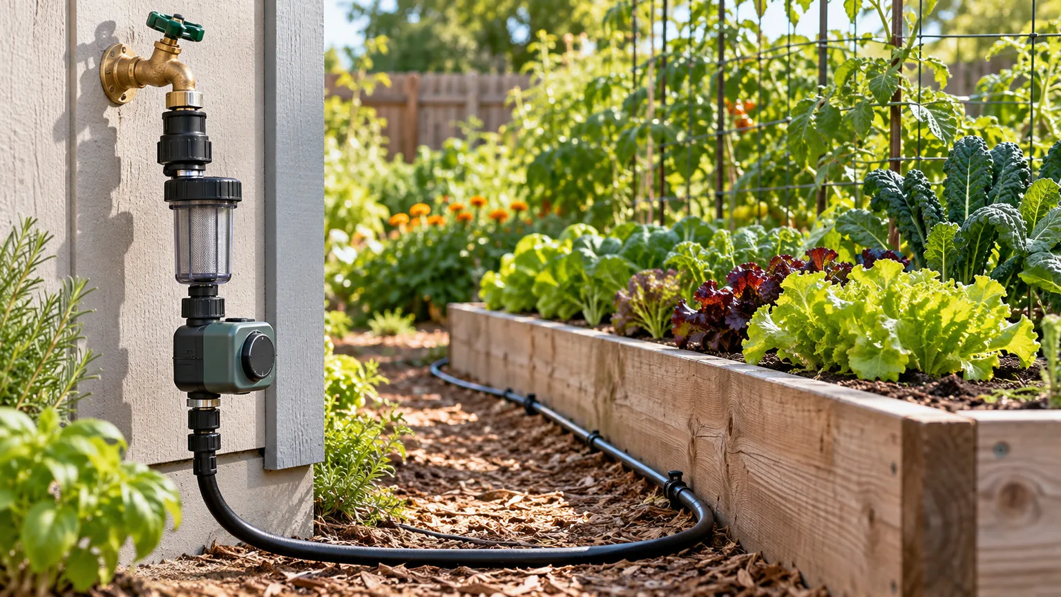 A hose-bib assembly feeds a raised bed through a filter, regulator, and timer.