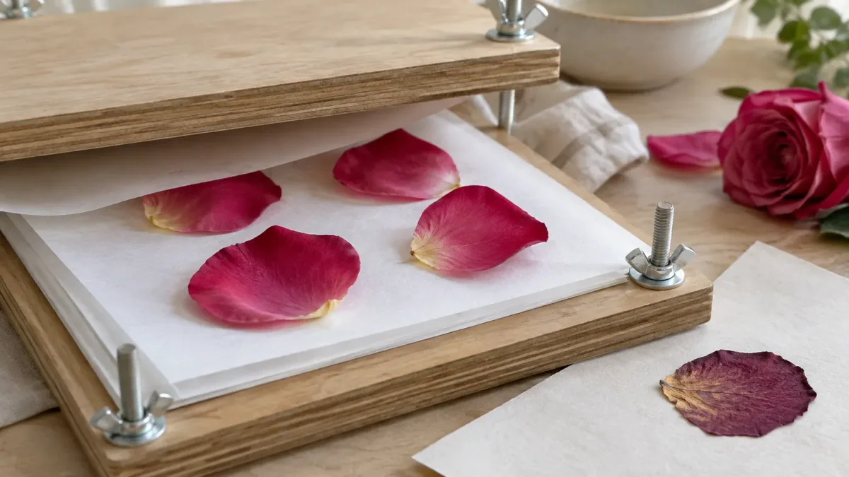 Rose petals pressed flat between sheets of paper