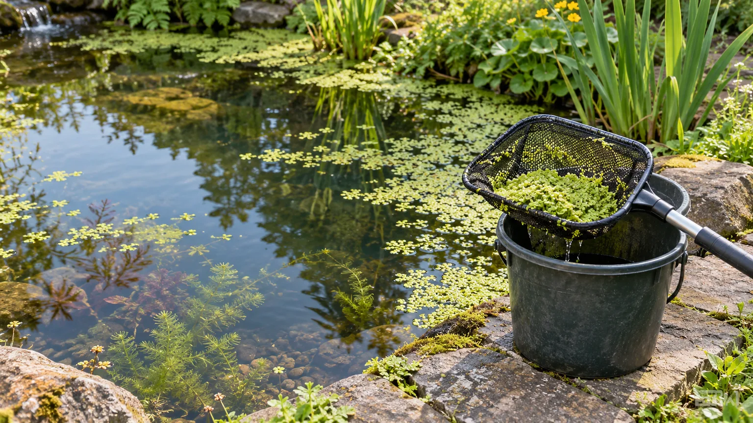 A garden net lifts floating duckweed and plant debris from the surface of a pond.