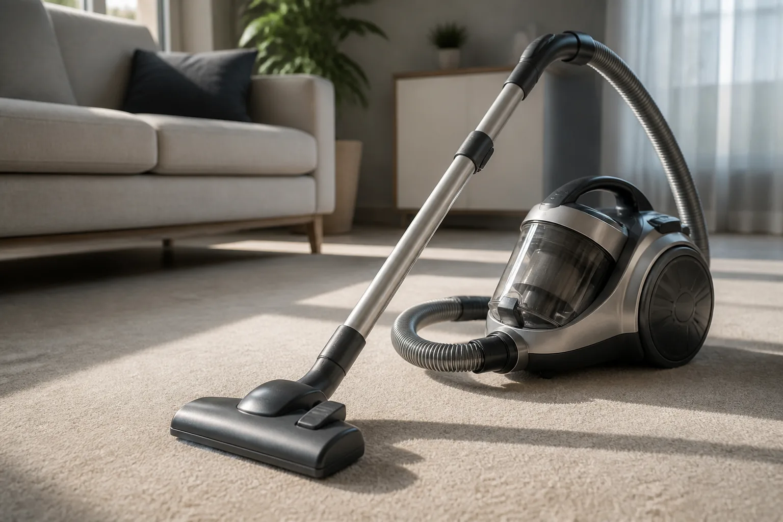 Upright vacuum with hose and upholstery brush attachment beside a bed, illustrating HEPA vacuuming for fabric surfaces
