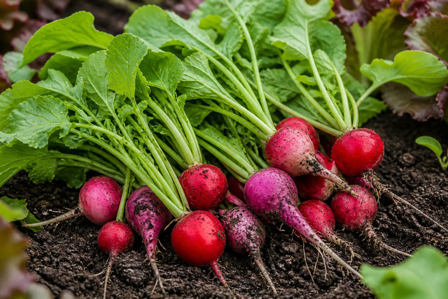 Round red radishes pulled from loose garden soil after direct sowing